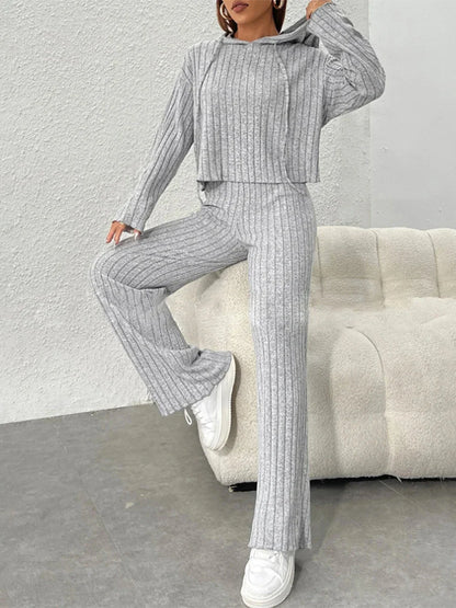 Women 2 Piece Outfits Knitted Hoodie and Wide Legs Pants