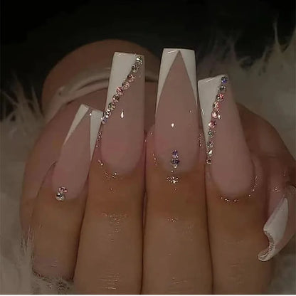 24 Pcs Long Coffin Press On Nails Colorful Pattern With Rhinestones