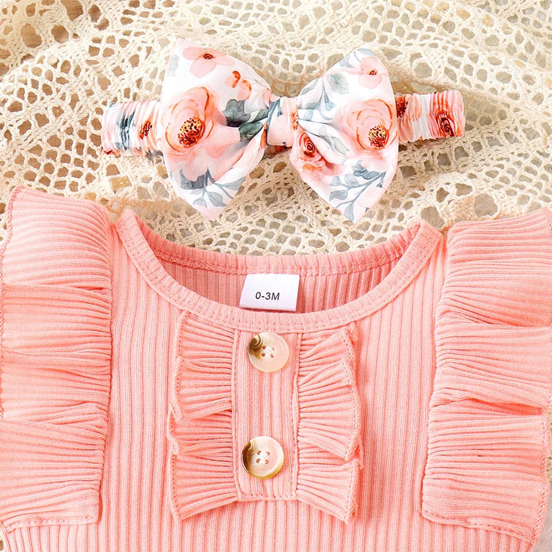 Baby Clothing Girl Summer Frill Trim Ribbed Romper + Elastic Waist Shorts + Bow Headband