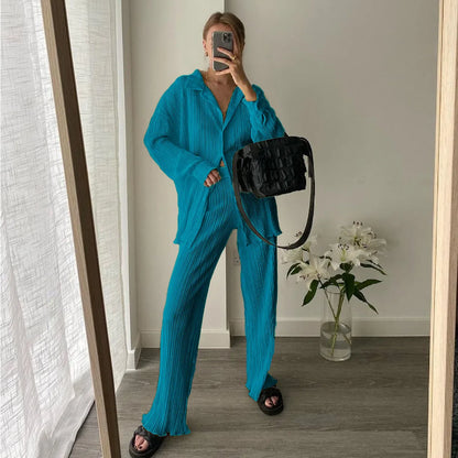 long sleeved lapel pleated shirt top with wide legs set