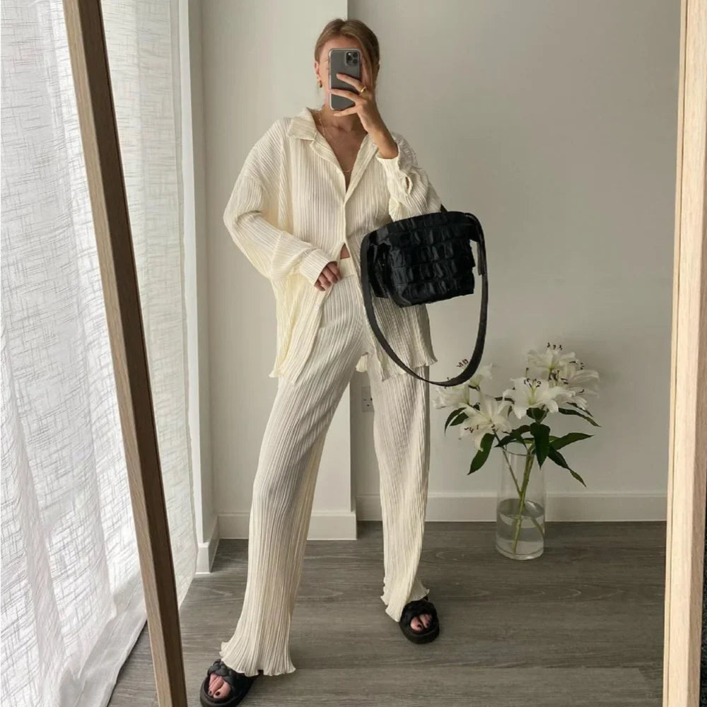 long sleeved lapel pleated shirt top with wide legs set