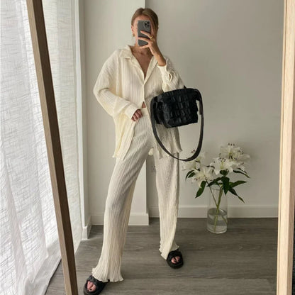 long sleeved lapel pleated shirt top with wide legs set