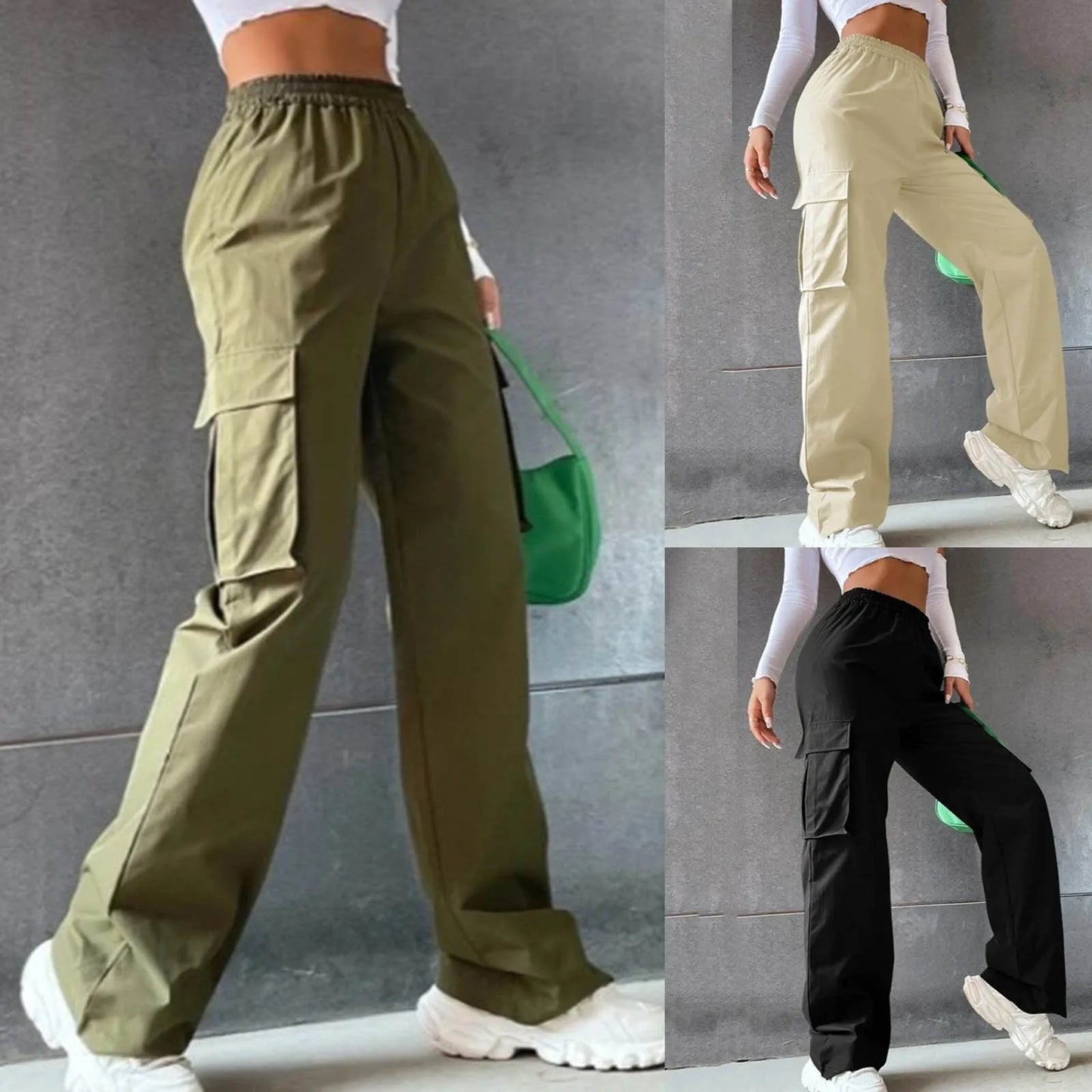 Womens Cargo Pants Elastic High Waist Wide Leg Trousers