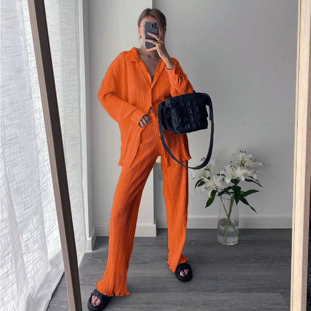 long sleeved lapel pleated shirt top with wide legs set