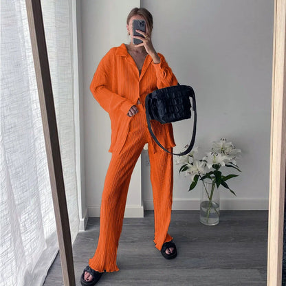 long sleeved lapel pleated shirt top with wide legs set