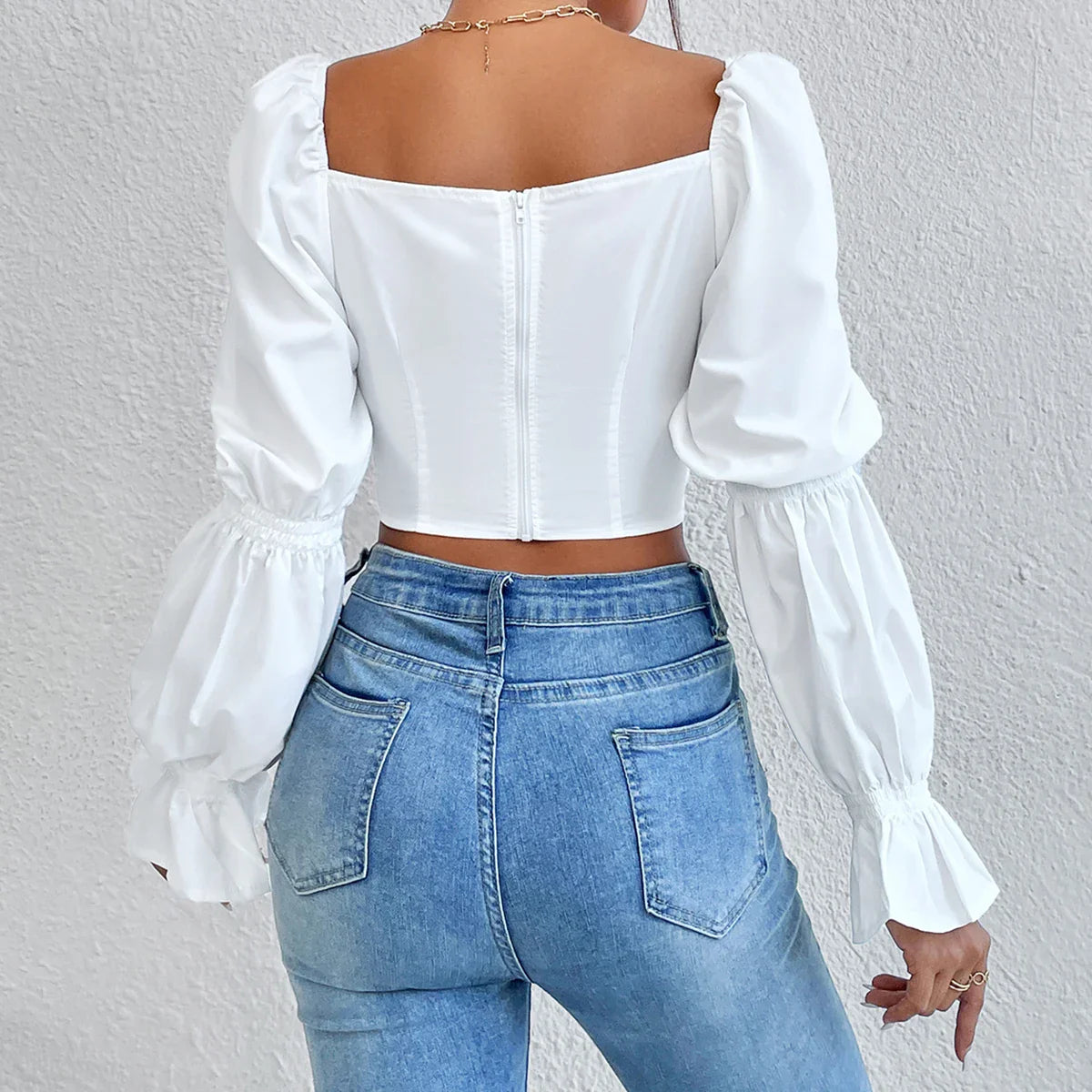 Slim Blouses Women White Puff Long Sleeves Crop Top