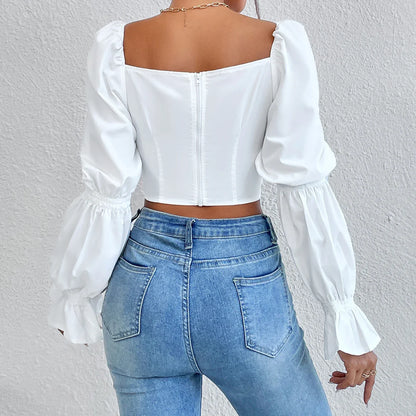 Slim Blouses Women White Puff Long Sleeves Crop Top