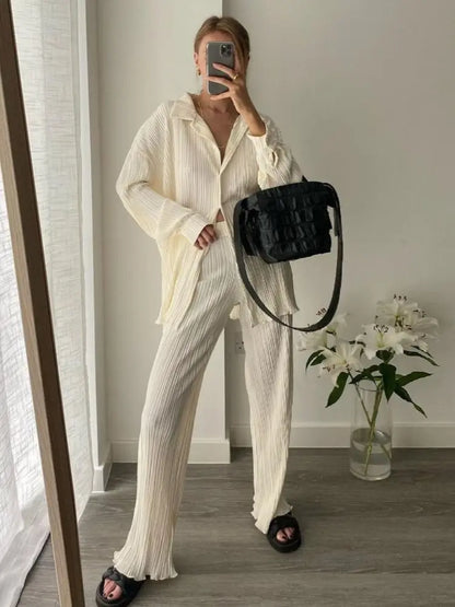 long sleeved lapel pleated shirt top with wide legs set