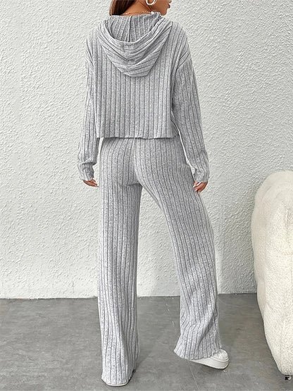 Women 2 Piece Outfits Knitted Hoodie and Wide Legs Pants