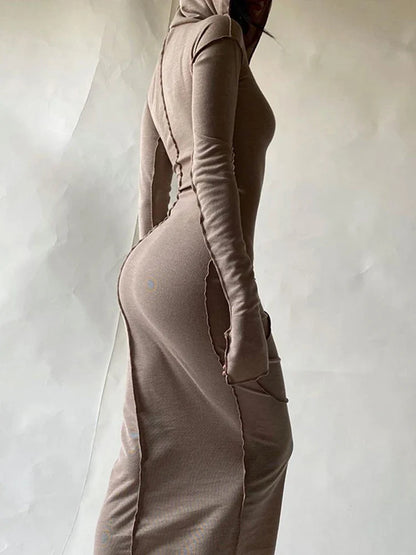 Long Sleeve Hooded Patchwork Skinny Dress