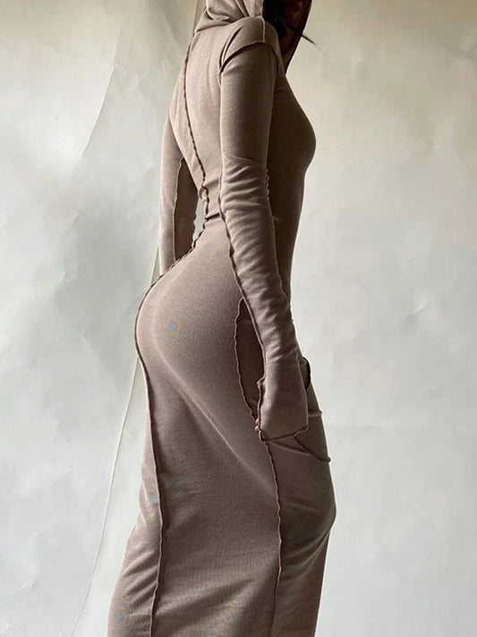 Long Sleeve Hooded Patchwork Skinny Dress