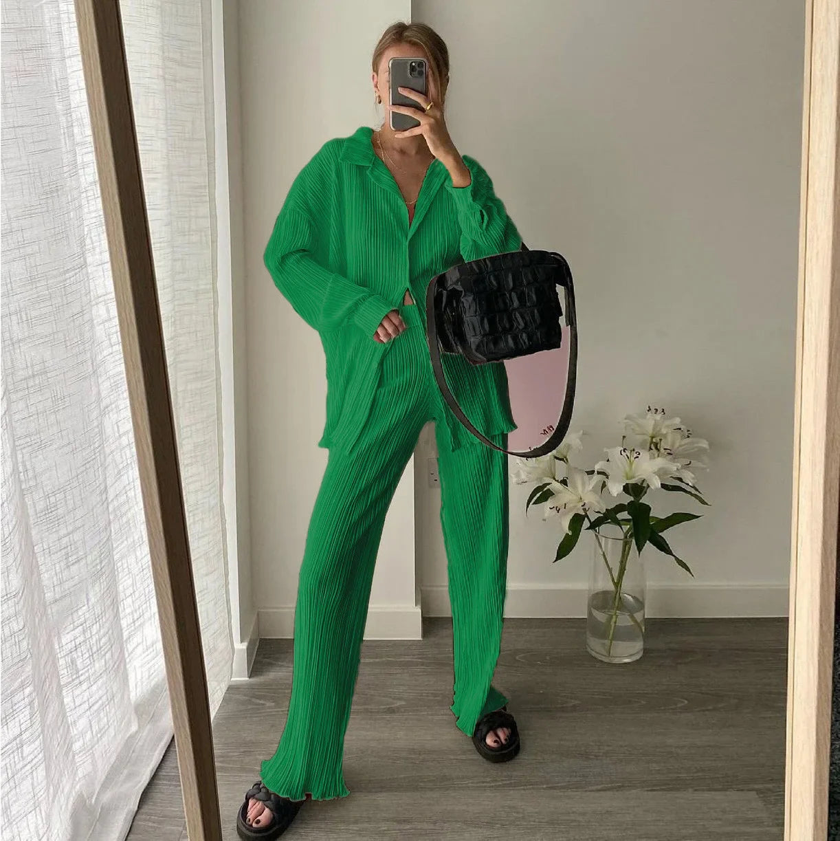 long sleeved lapel pleated shirt top with wide legs set