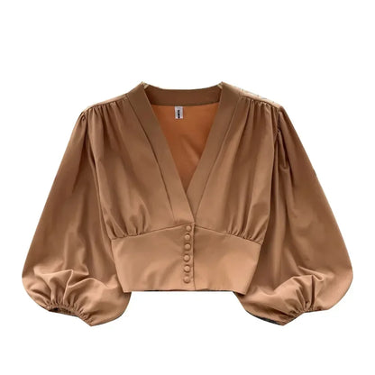 French Chic Elegant Shirts for Women V-neck Long Puff Sleeve