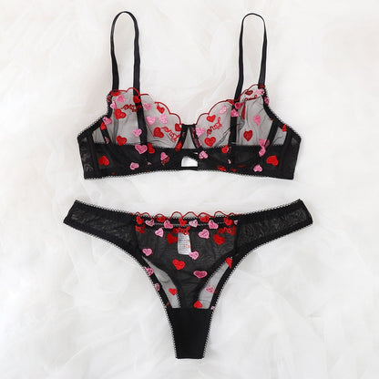Ladies' Mesh See-through Love Three-point Sexy Suit