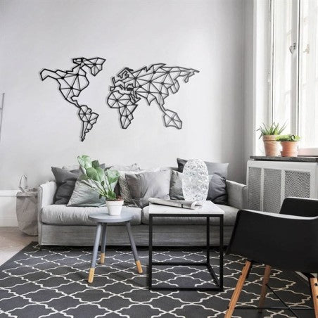 Décoration Murale Carte du Monde Géométrique en Métal Noir