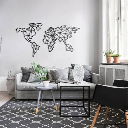 Décoration Murale Carte du Monde Géométrique en Métal Noir
